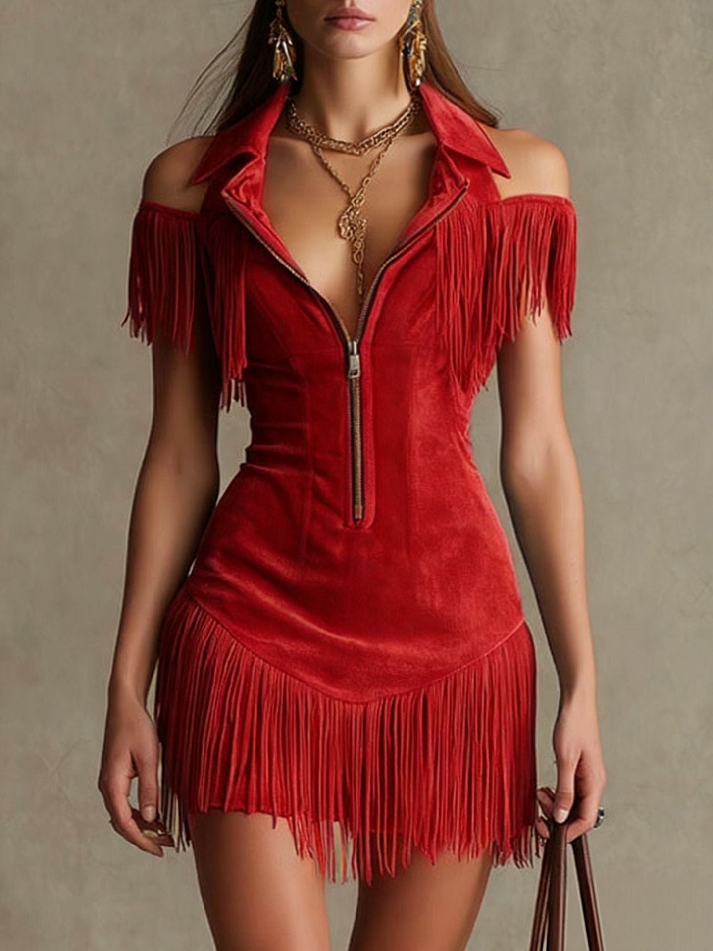 Western Retro Peacock Blue Faux Suede Hollow-Out Tassel Mini Dress