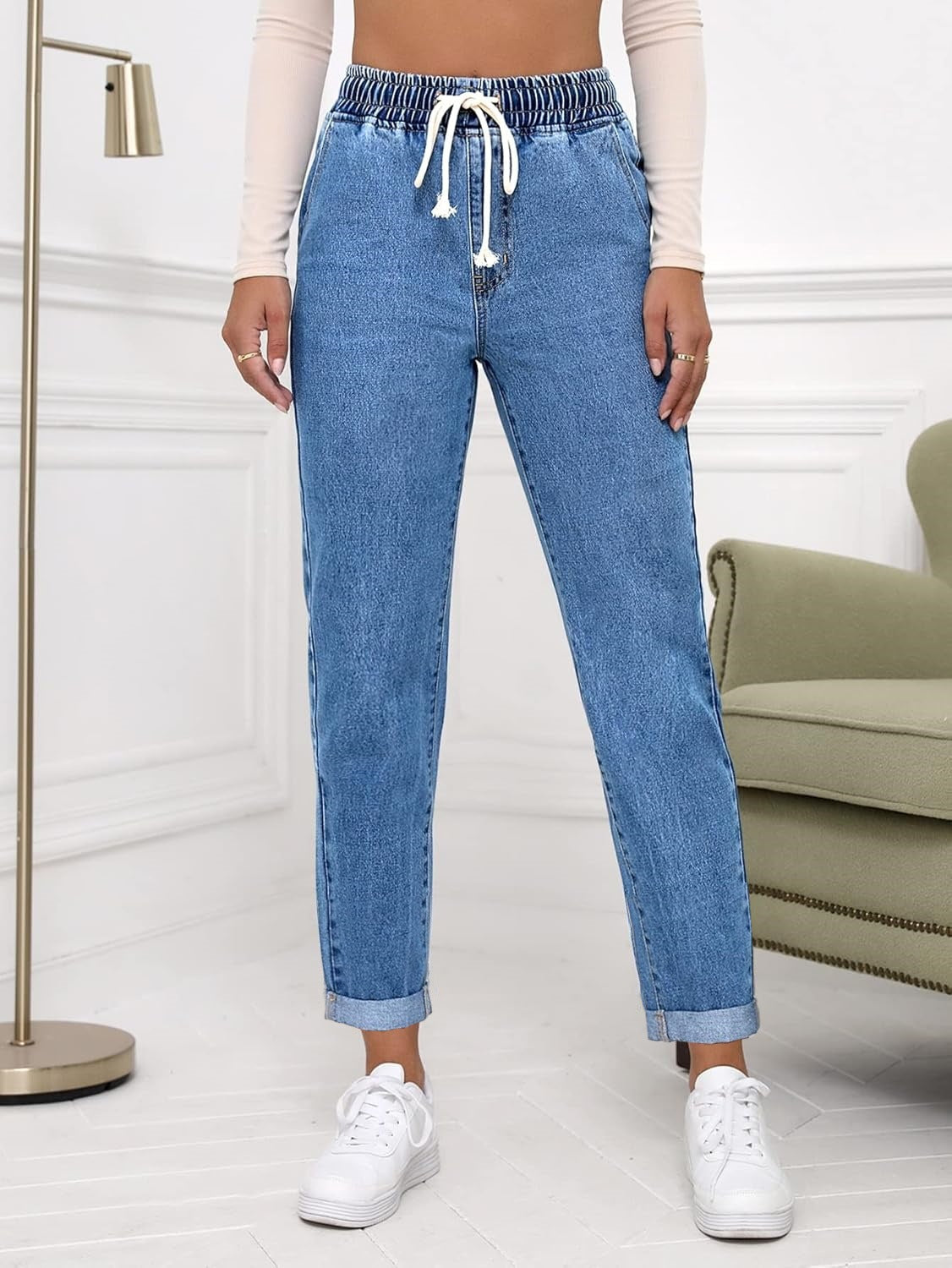 Women's Drawstring Tapered Denim Pants