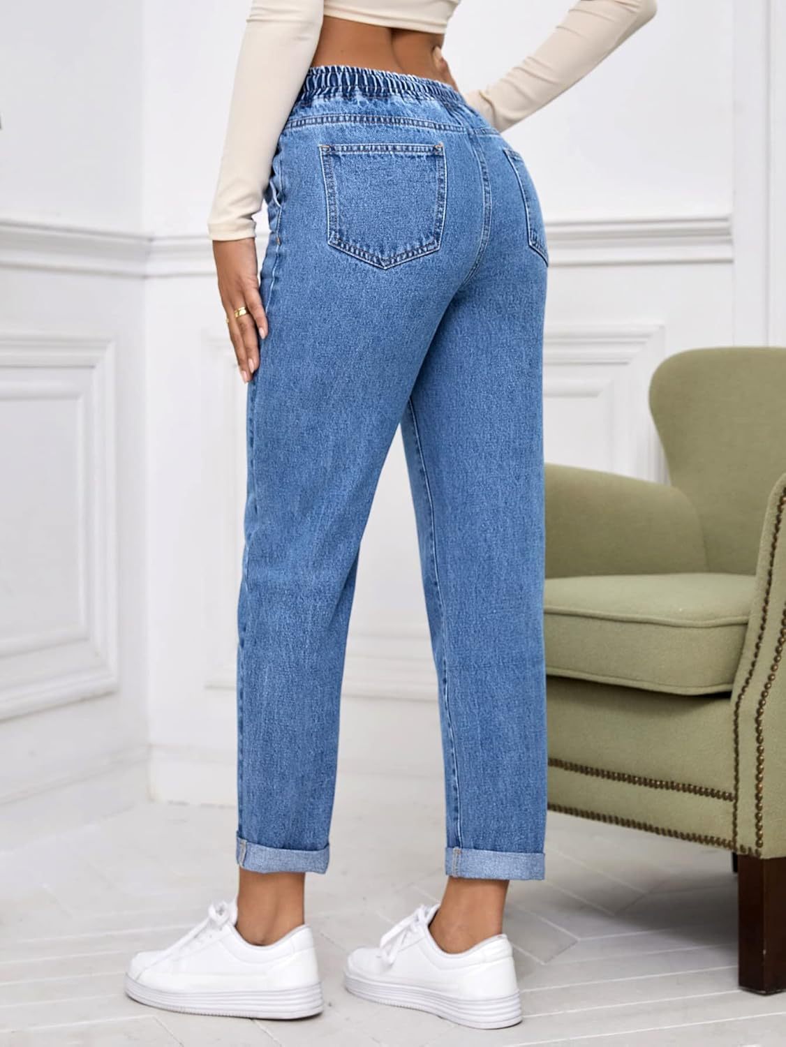 Women's Drawstring Tapered Denim Pants