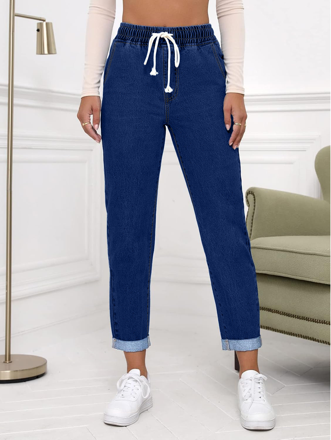 Women's Drawstring Tapered Denim Pants