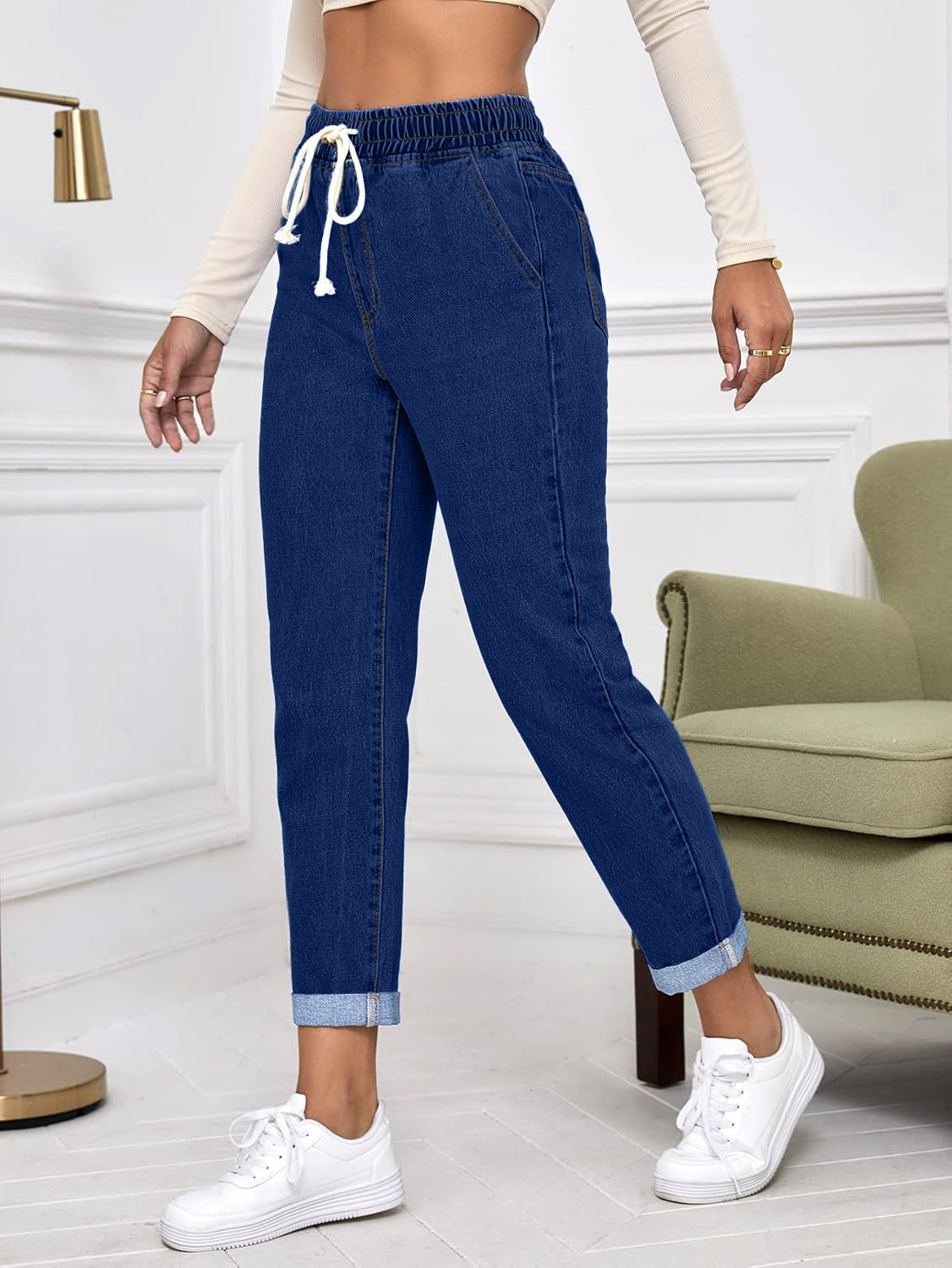 Women's Drawstring Tapered Denim Pants