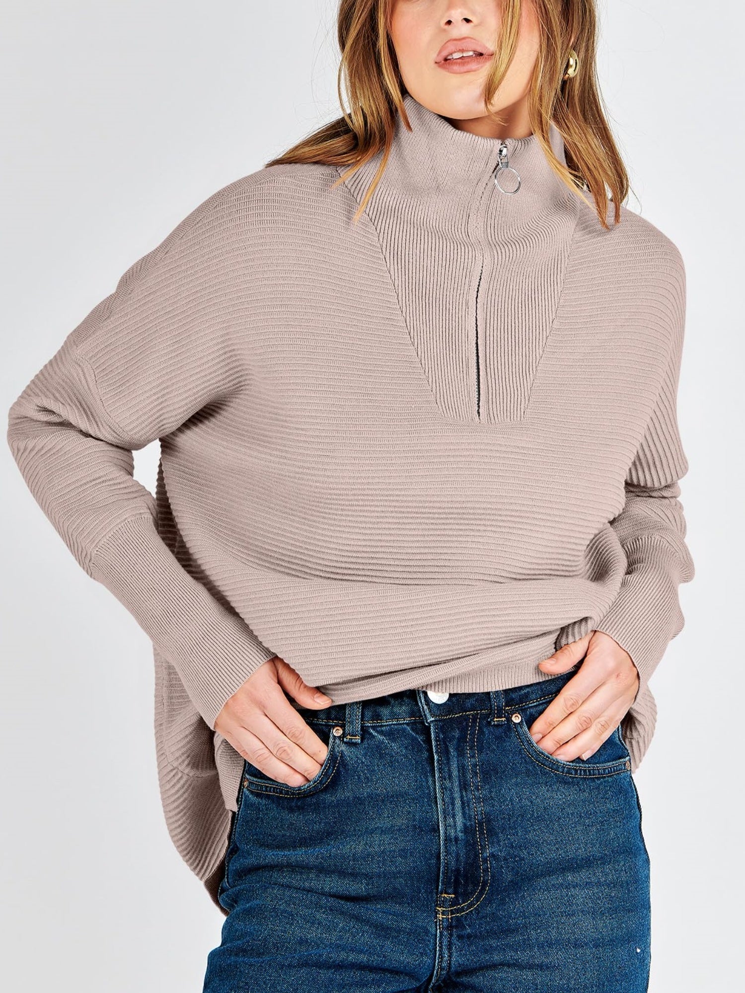 Kate | Quarter Zip Rib Knit Cozy Pullover Sweater