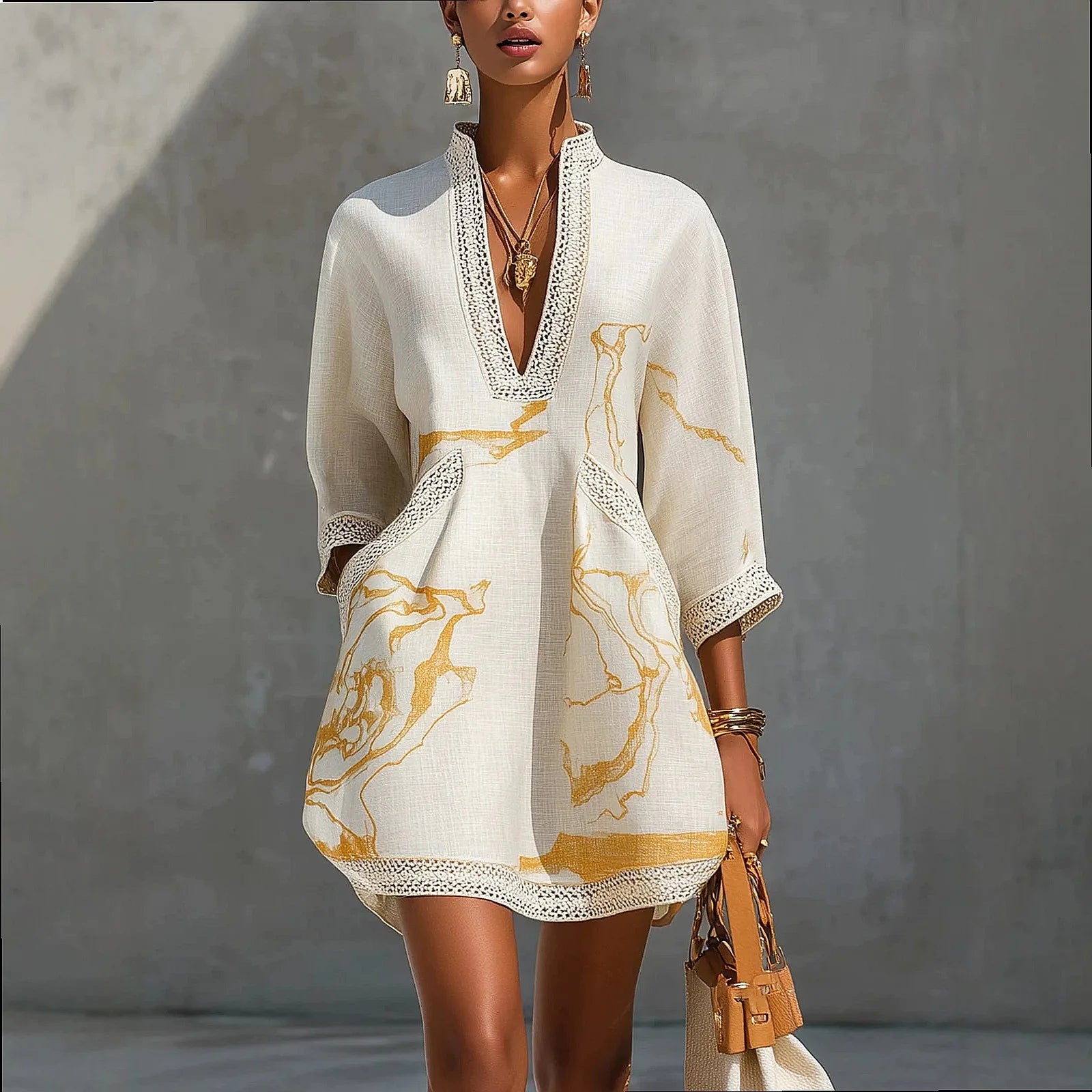Lunette™ | Linen V-Neck Lace Trim Mini Dress