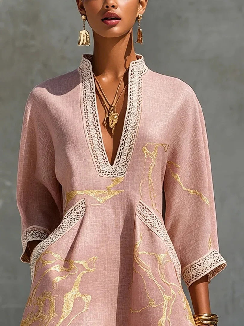 Lunette™ | Linen V-Neck Lace Trim Mini Dress