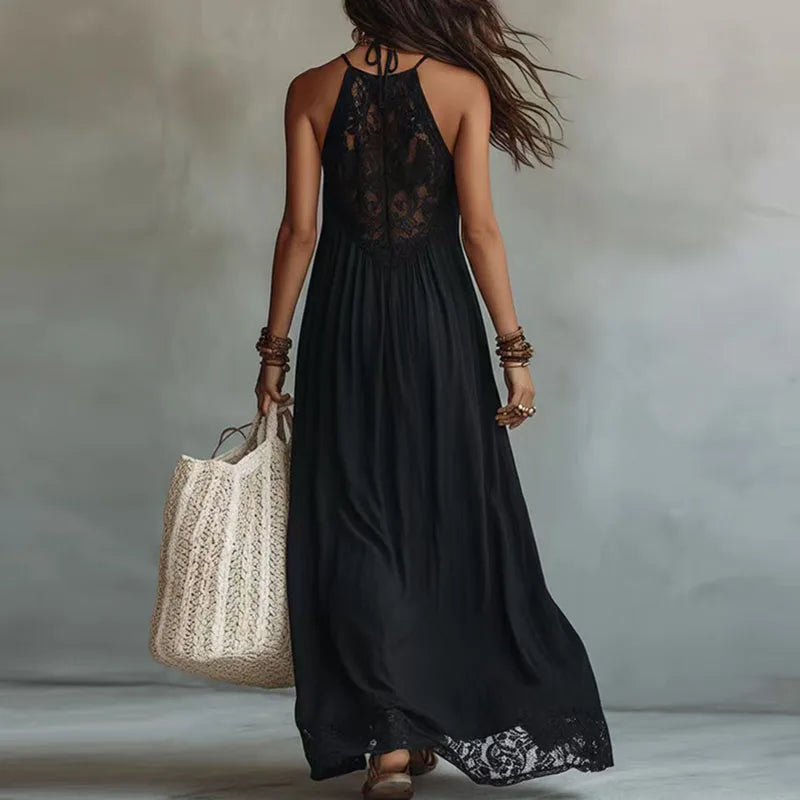 JADE | Lace Panel Halter Maxi Dress with Open Back