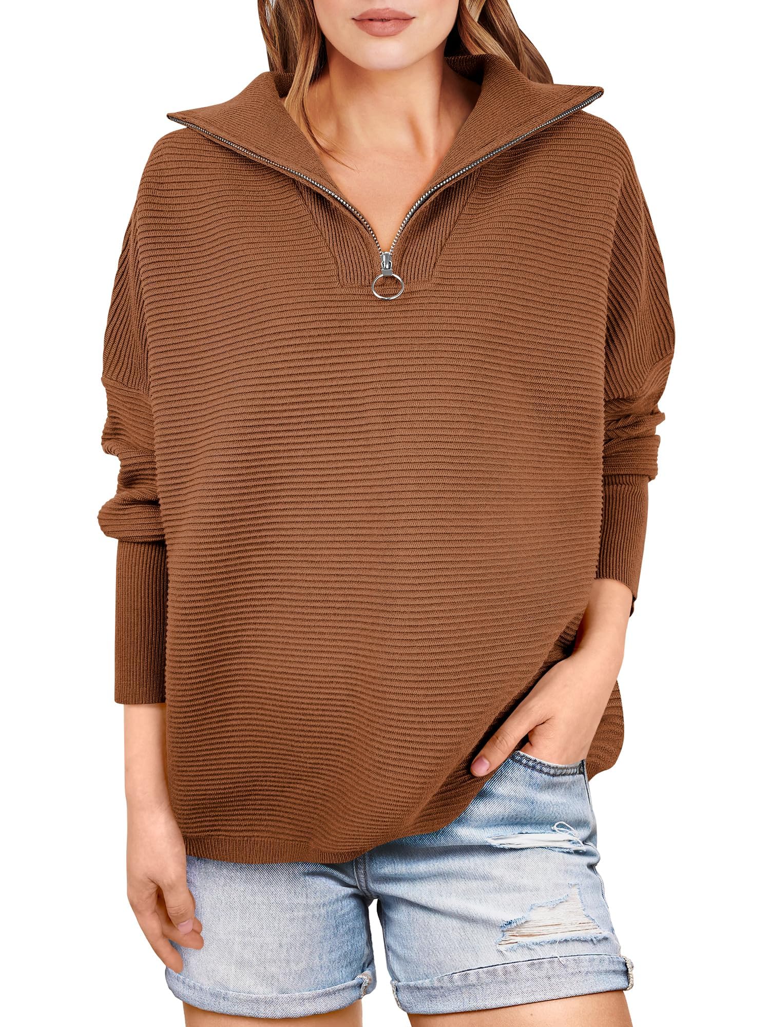 Kate | Quarter Zip Rib Knit Cozy Pullover Sweater