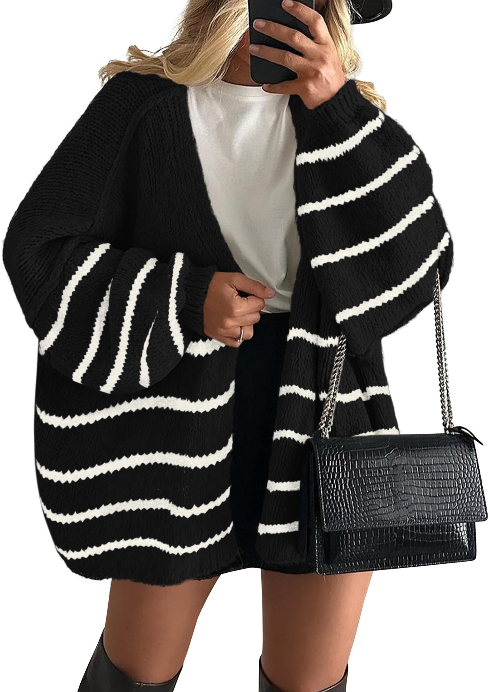 Cathlyn | Oversized Balloon Sleeve Striped Cardigan