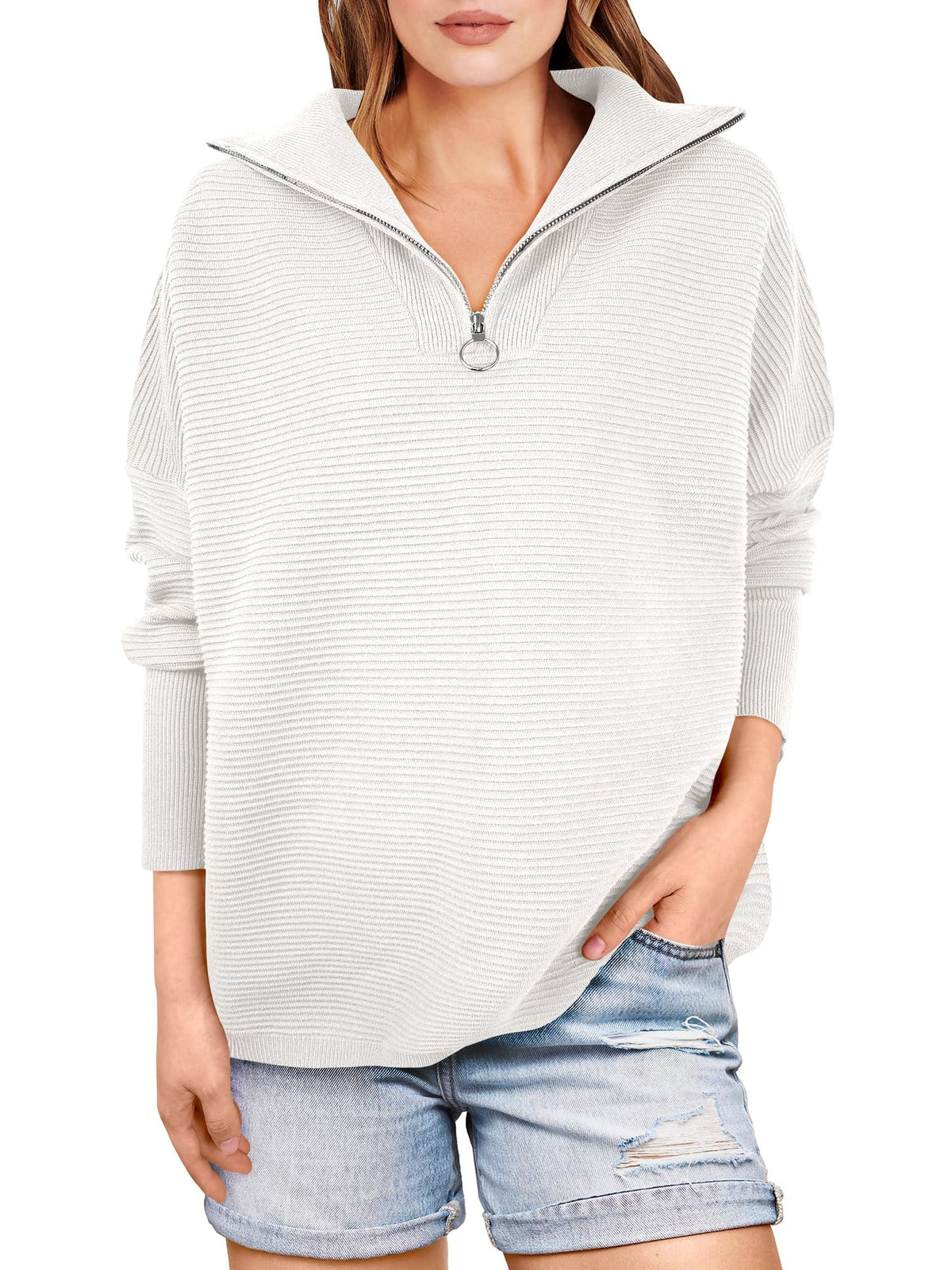 Kate | Quarter Zip Rib Knit Cozy Pullover Sweater