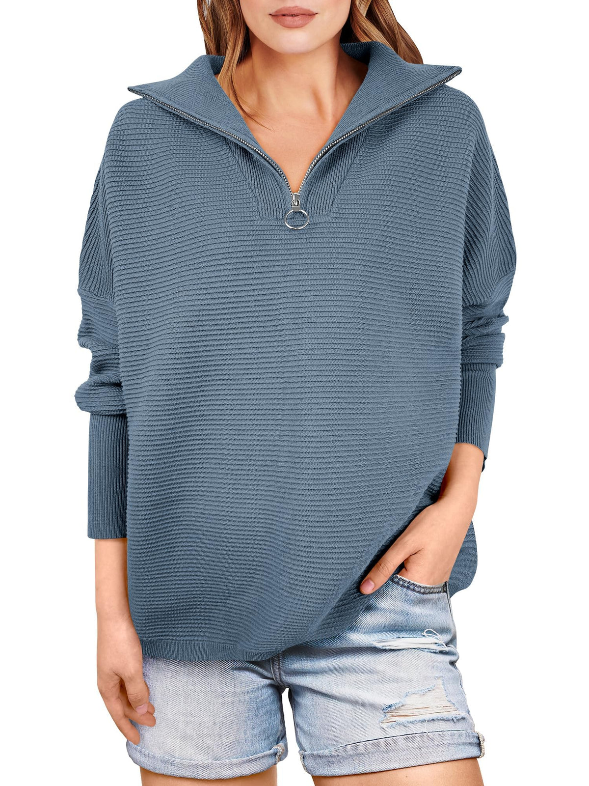 Kate | Quarter Zip Rib Knit Cozy Pullover Sweater