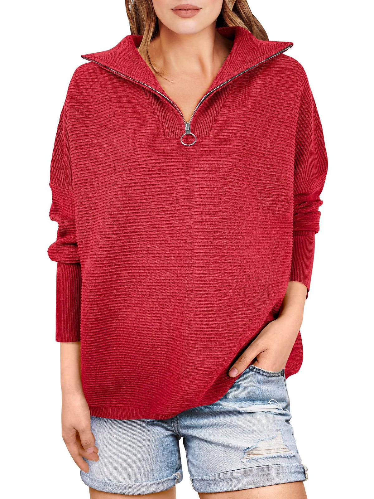 Kate | Quarter Zip Rib Knit Cozy Pullover Sweater