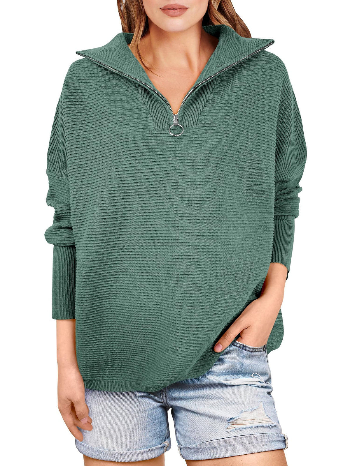 Kate | Quarter Zip Rib Knit Cozy Pullover Sweater