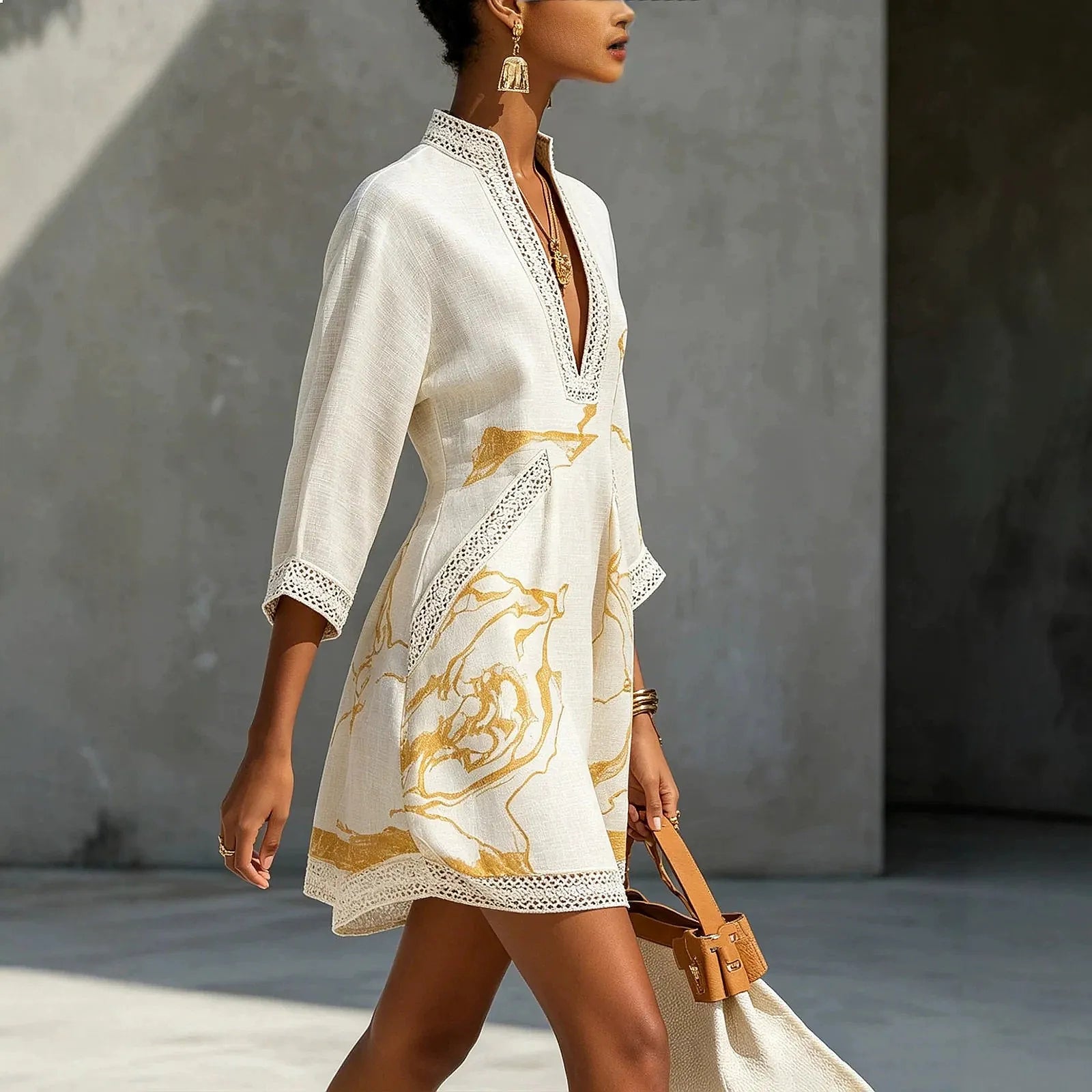 Lunette™ | Linen V-Neck Lace Trim Mini Dress