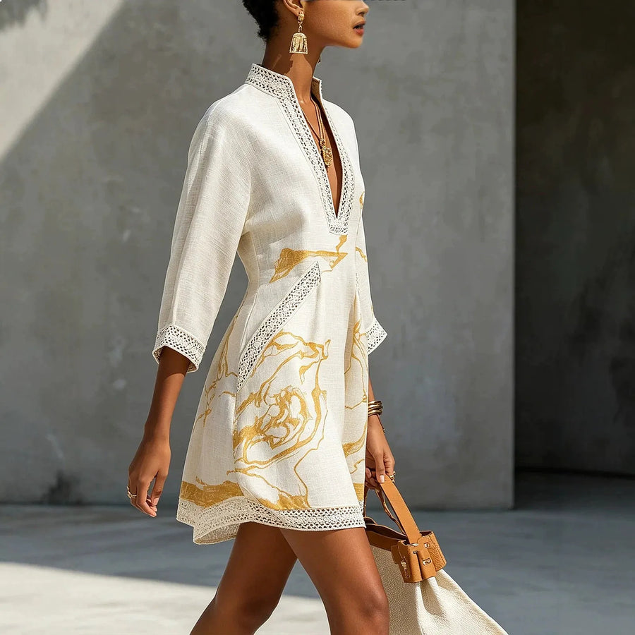 Lunette™ | Linen V-Neck Lace Trim Mini Dress