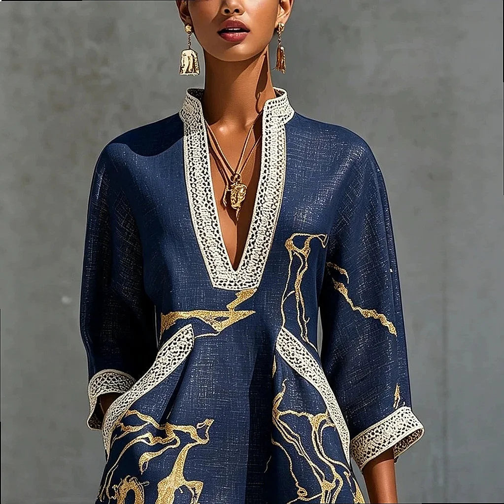 Lunette™ | Linen V-Neck Lace Trim Mini Dress
