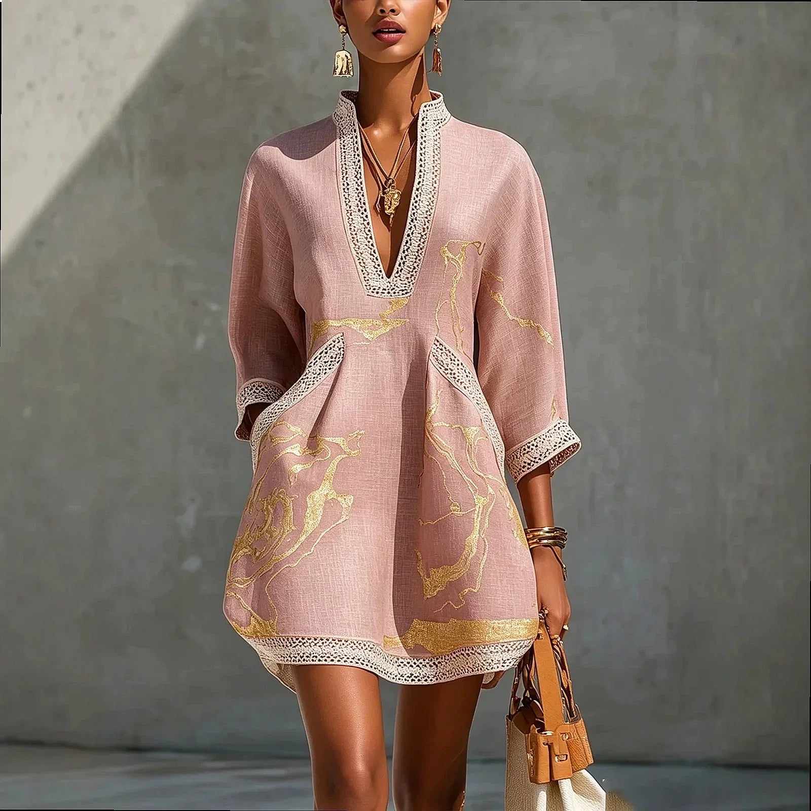 Lunette™ | Linen V-Neck Lace Trim Mini Dress