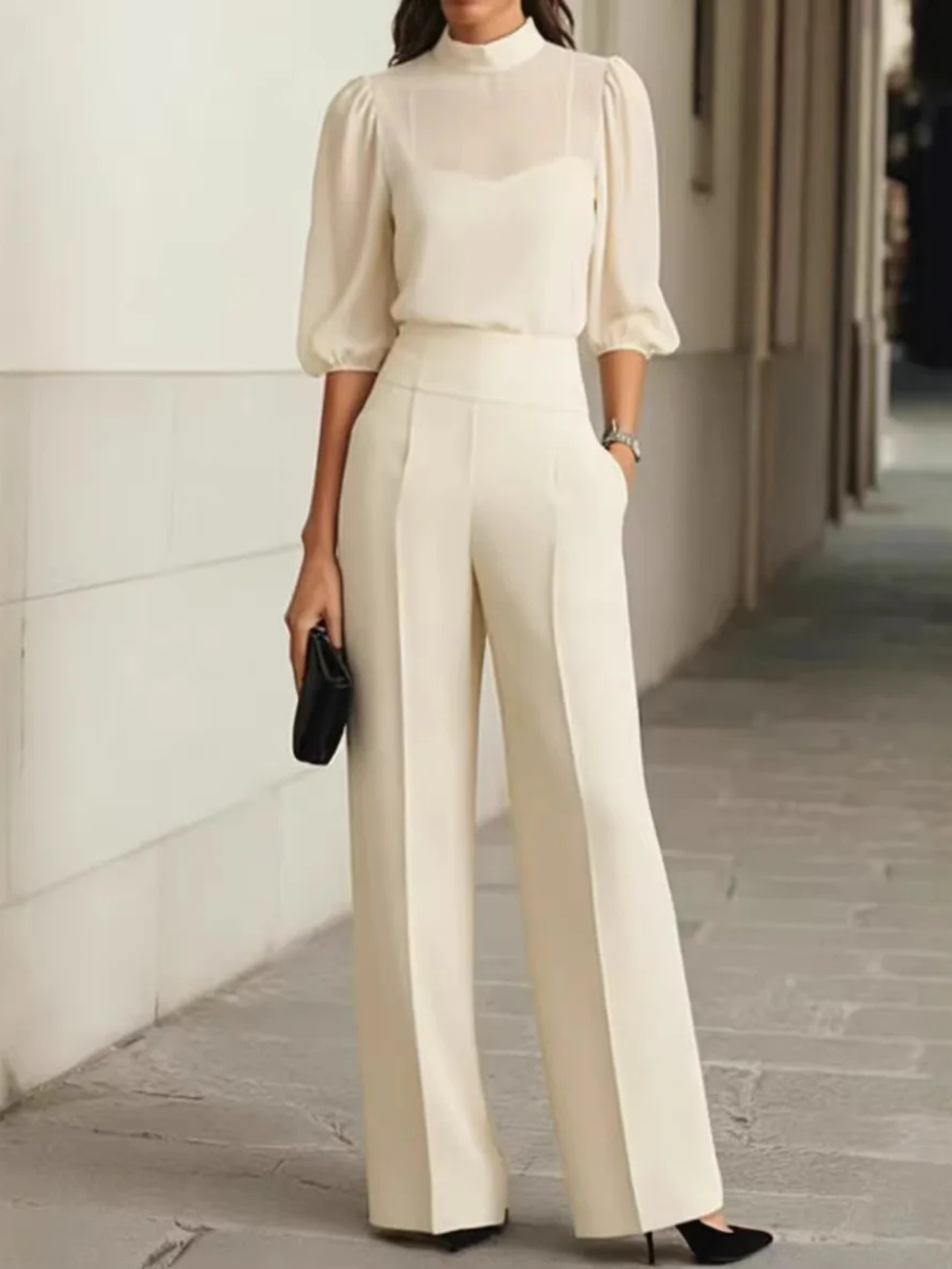 Thalia | Top and Wide Leg Black Chiffon Pants - Three Piece Set