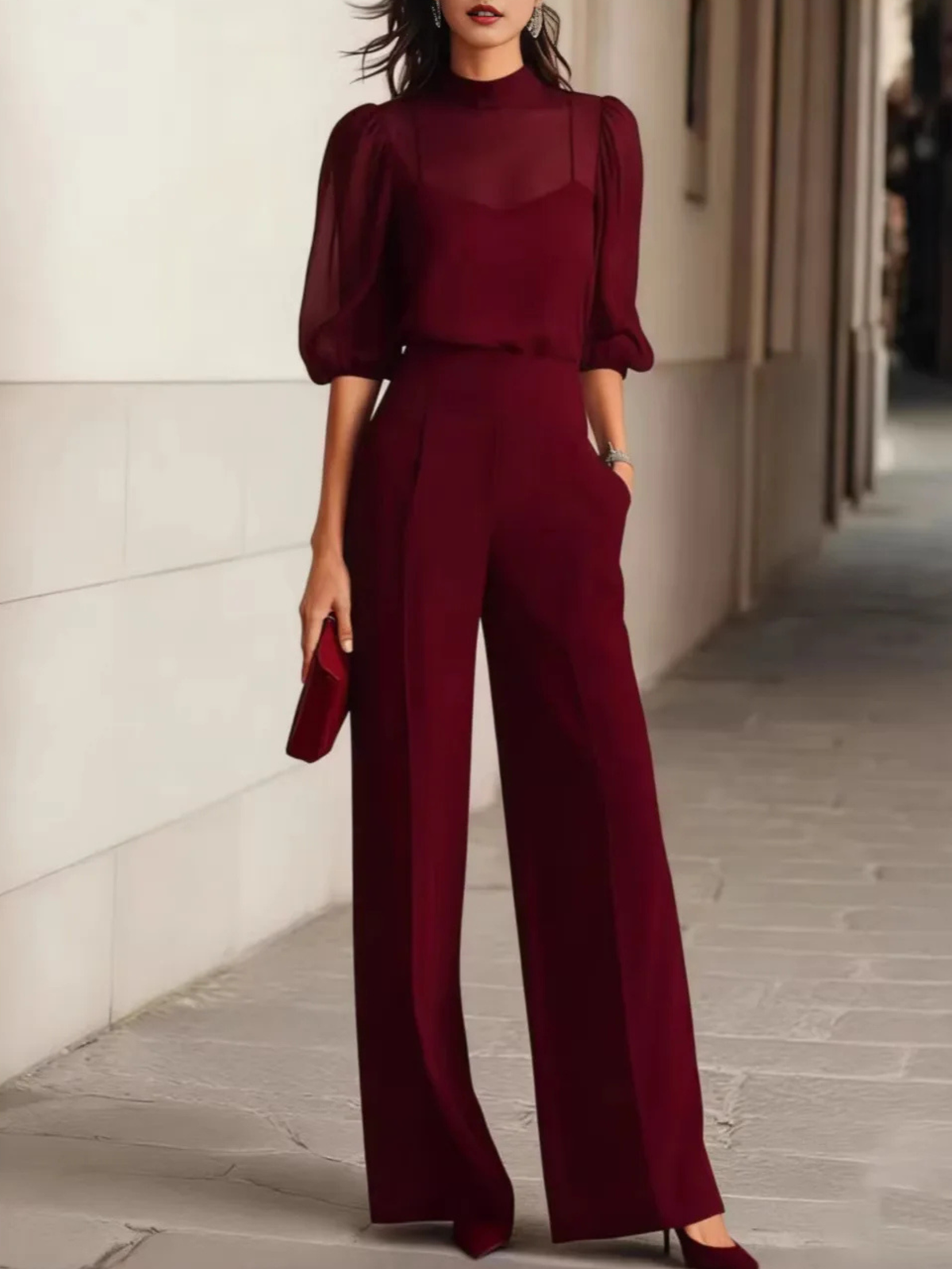 Thalia | Top and Wide Leg Black Chiffon Pants - Three Piece Set