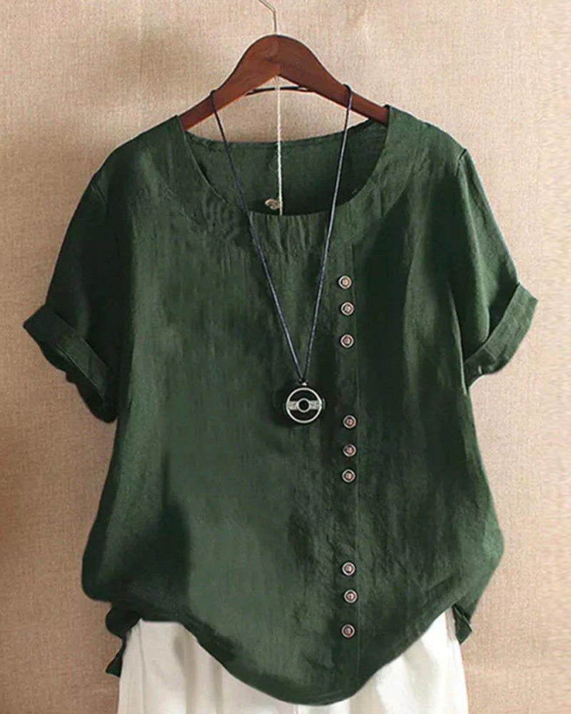 Nadine | Women's Button-Detail Round-Neck Short-Sleeve Relaxed Blouse