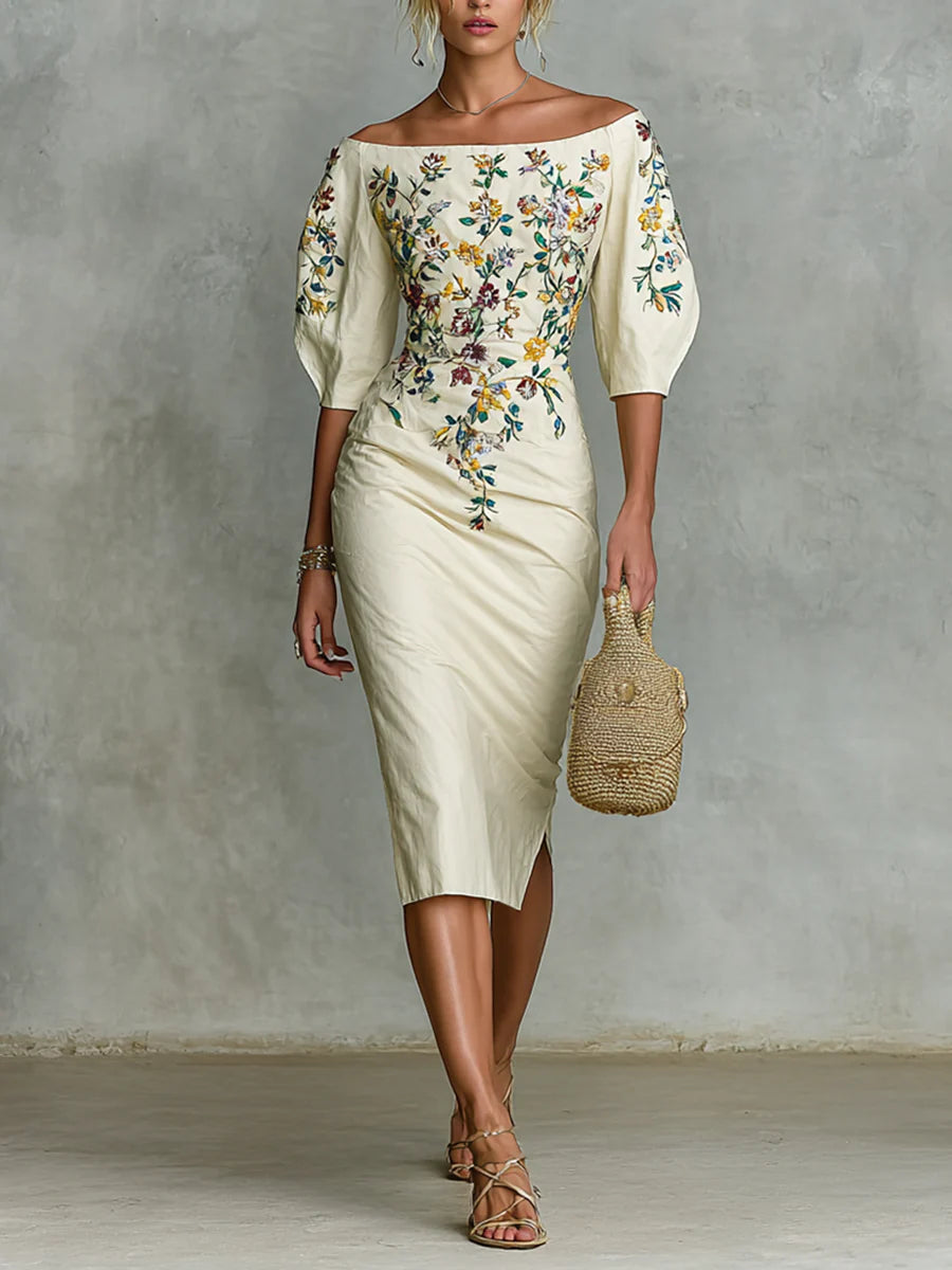 Floral Dress with Off-Shoulder and Elegant Design