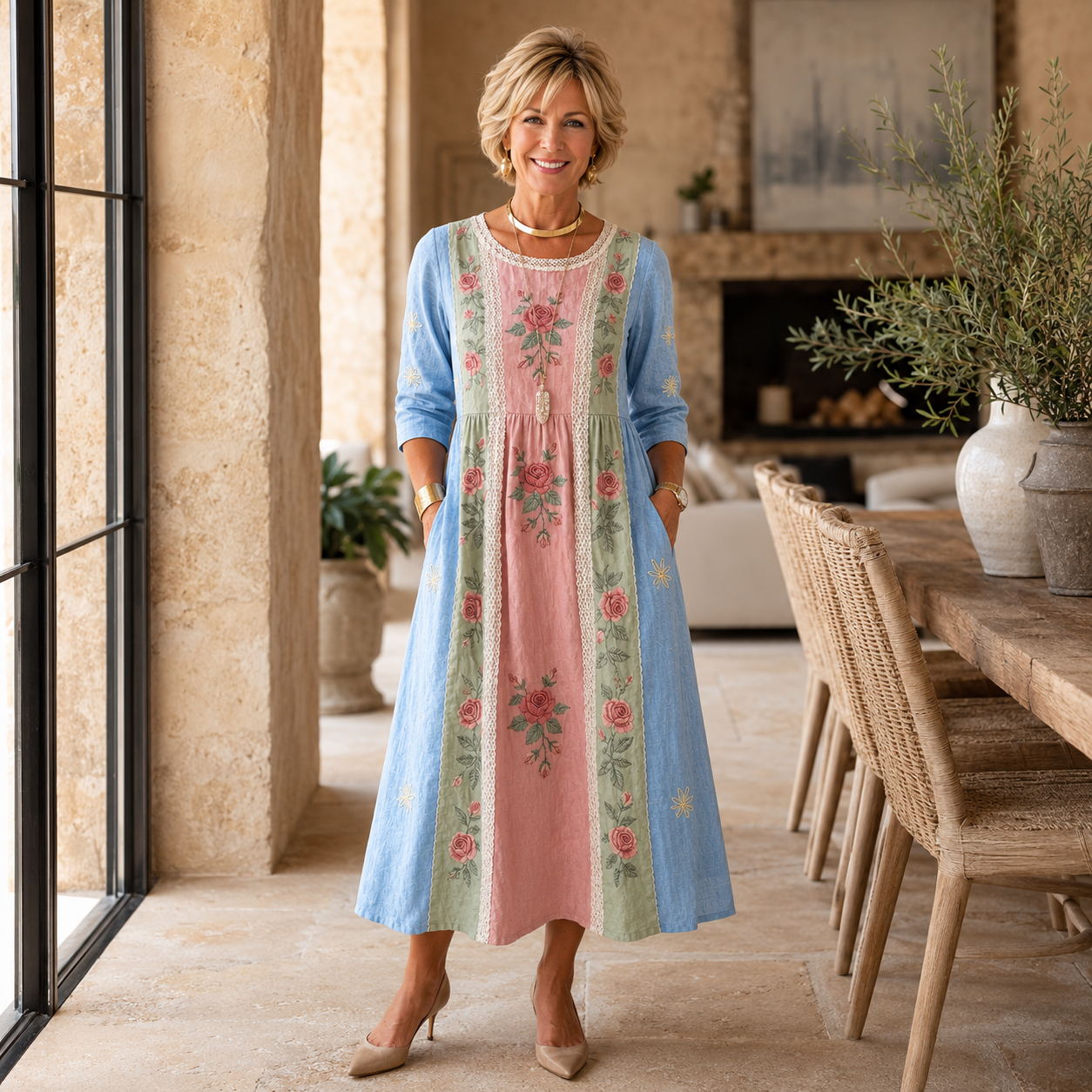 Vintage Rose Garden Patchwork Pocket Dress