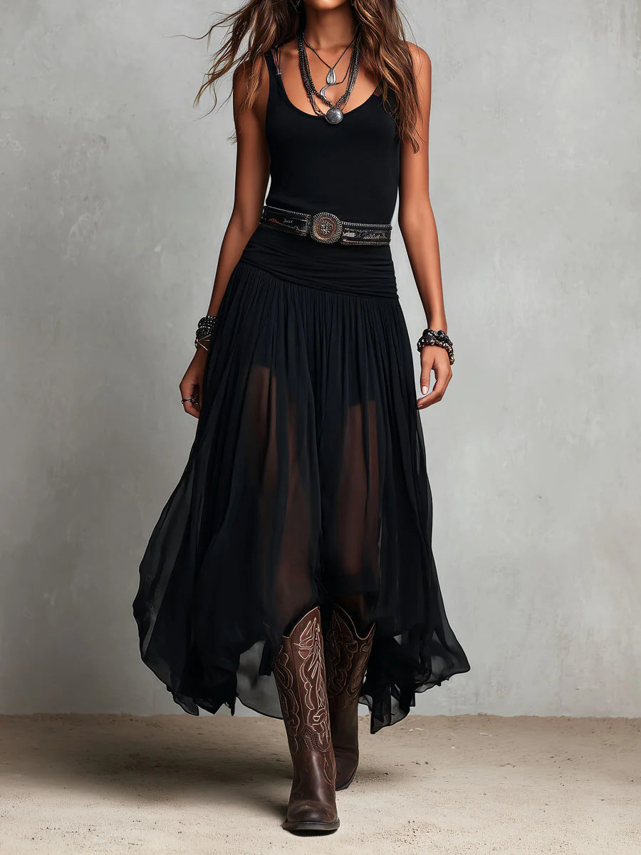 Elegant Black Maxi Dress for Women with Tank Top Tulle Skirt Boho Belt Detail
