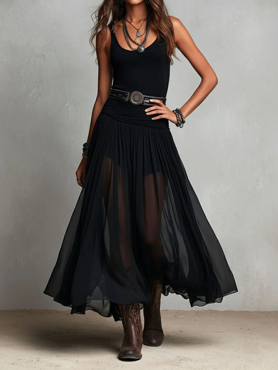 Elegant Black Maxi Dress for Women with Tank Top Tulle Skirt Boho Belt Detail