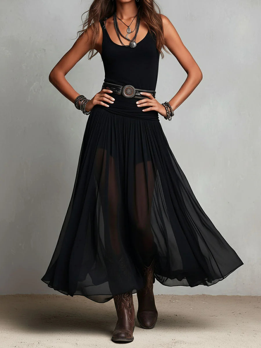 Calista™ | Elegant Black Maxi Dress with Tank Top Skirt Boho Belt Detail