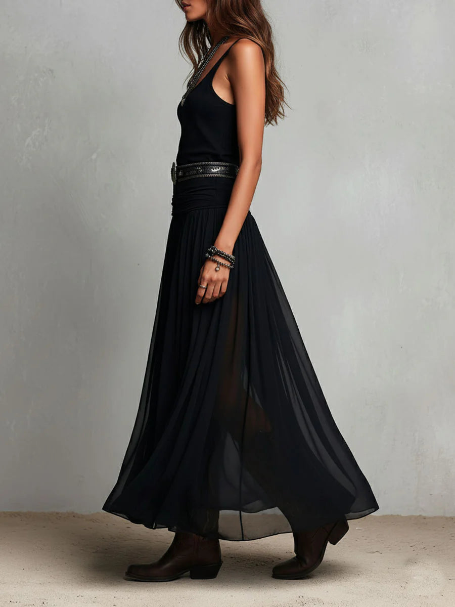 Calista™ | Elegant Black Maxi Dress with Tank Top Skirt Boho Belt Detail