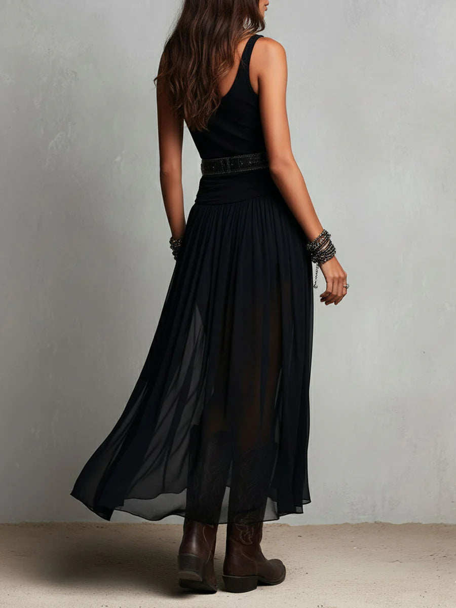 Calista™ | Elegant Black Maxi Dress with Tank Top Skirt Boho Belt Detail
