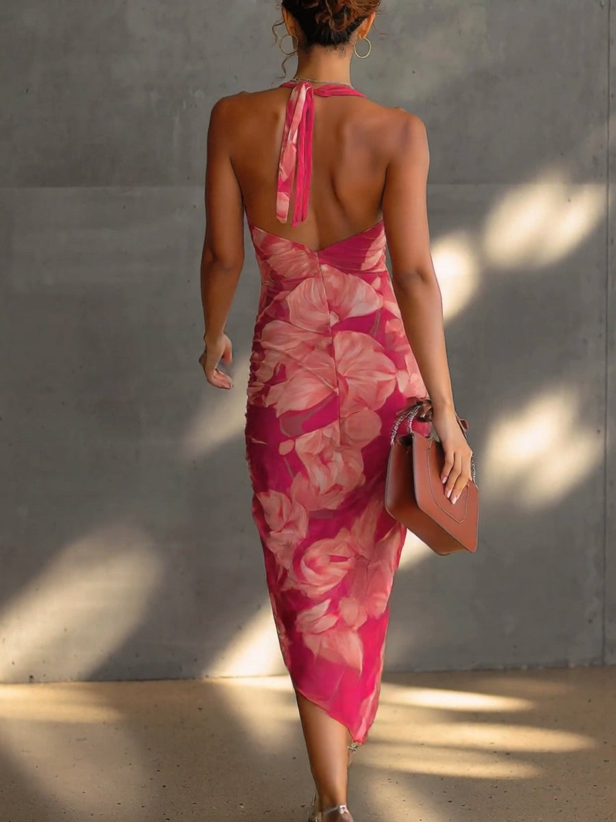 Fuchsia Floral Print Sleeveless Ruched Side Split Bodycon Dress