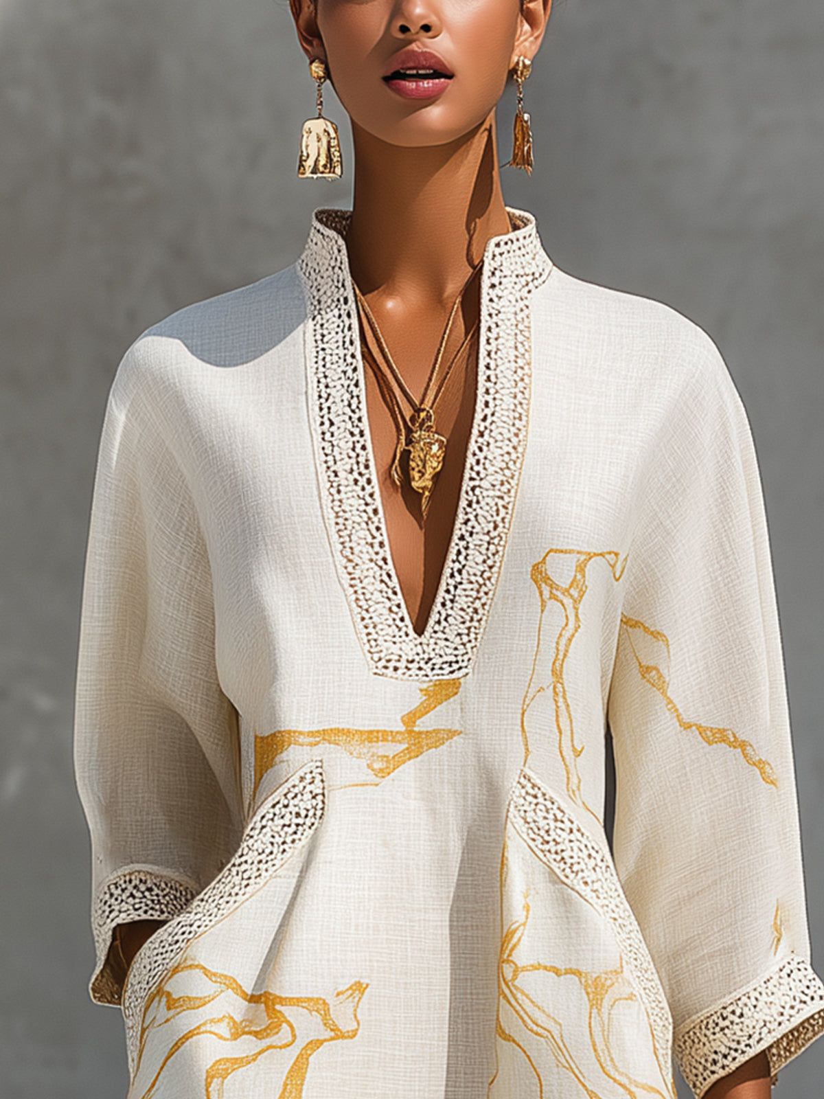 Aliénor | Ivory Mini Dress Featuring Golden Crochet Lace and V-Neck Design
