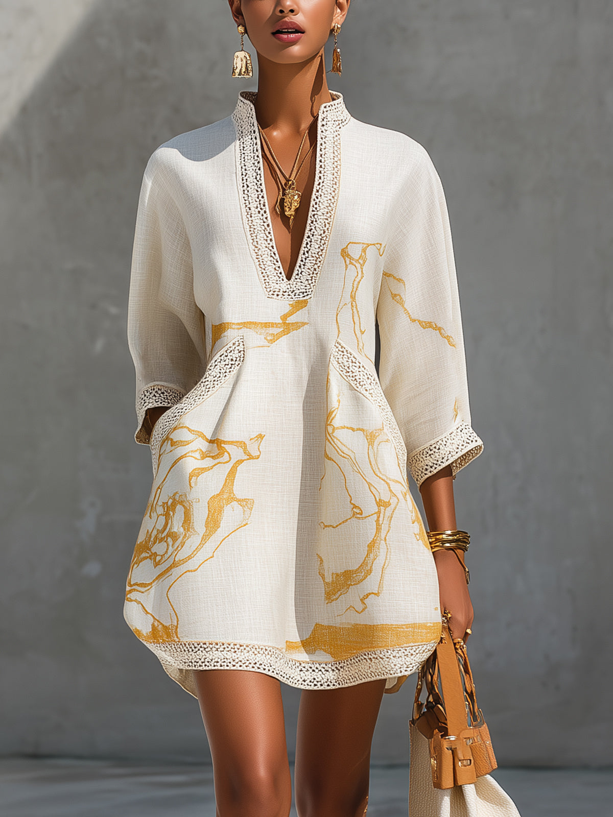 Aliénor | Ivory Mini Dress Featuring Golden Crochet Lace and V-Neck Design