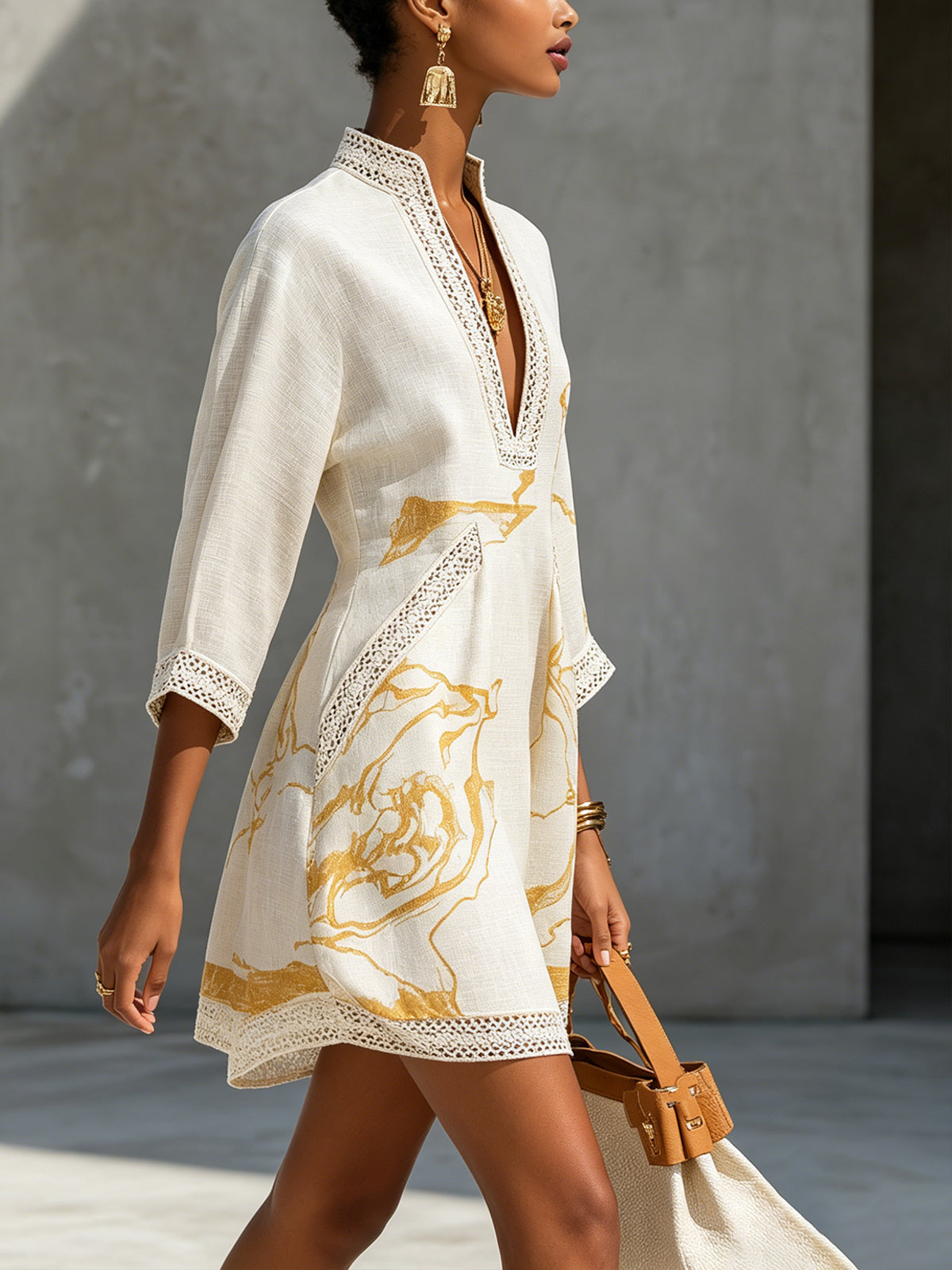 Aliénor | Ivory Mini Dress Featuring Golden Crochet Lace and V-Neck Design