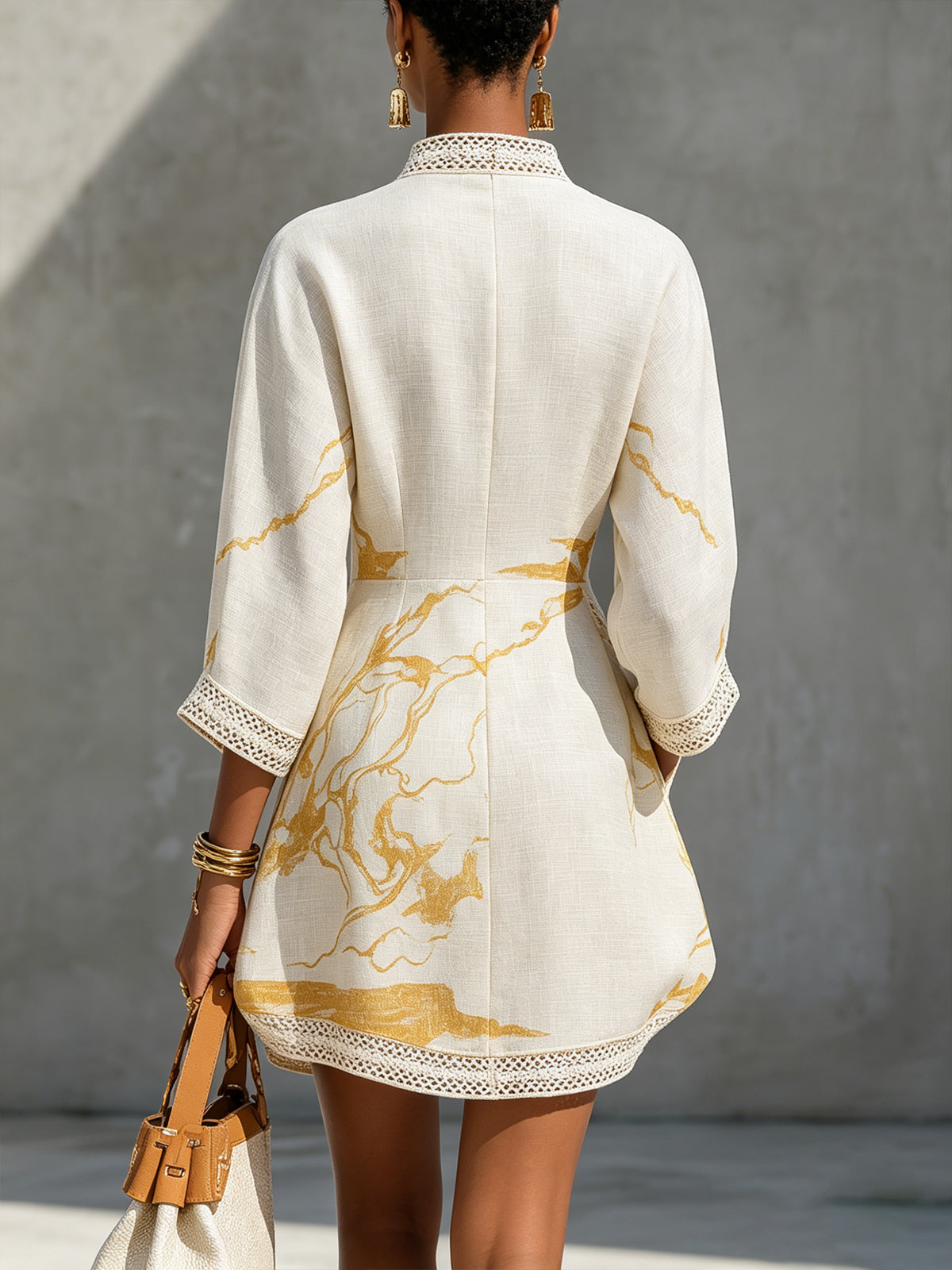 Aliénor | Ivory Mini Dress Featuring Golden Crochet Lace and V-Neck Design