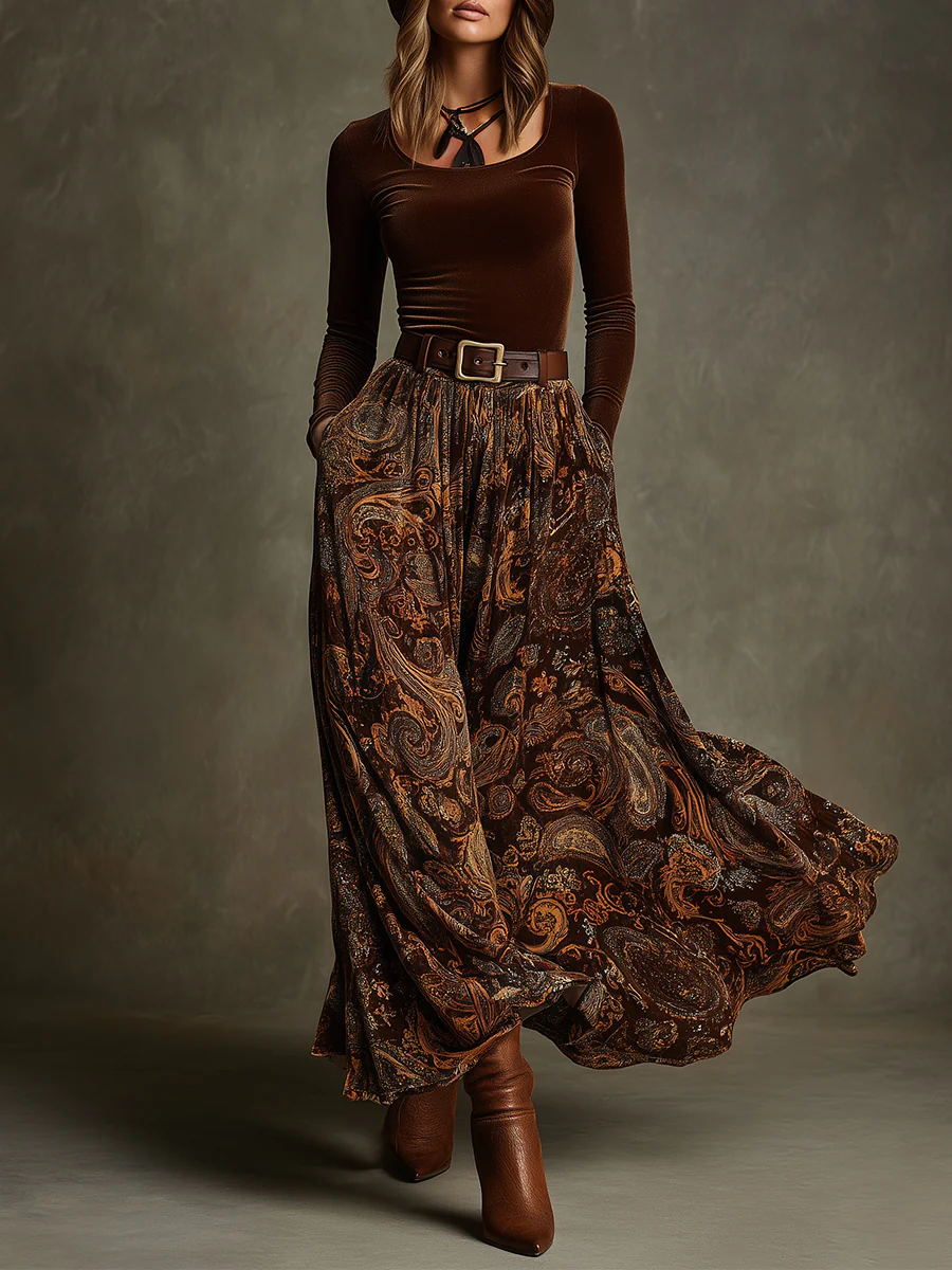 Everly Velvet Top and Paisley Maxi Skirt Set