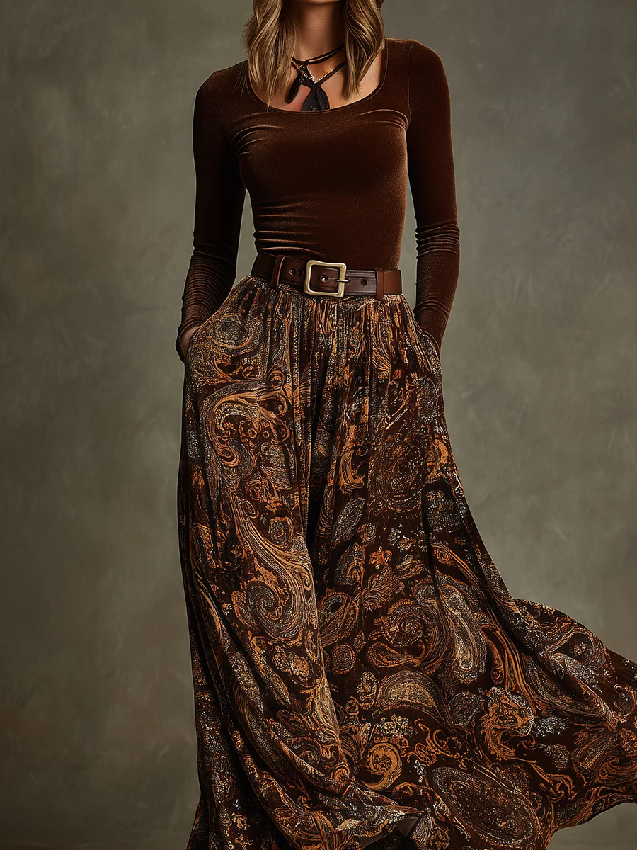 Everly Velvet Top and Paisley Maxi Skirt Set