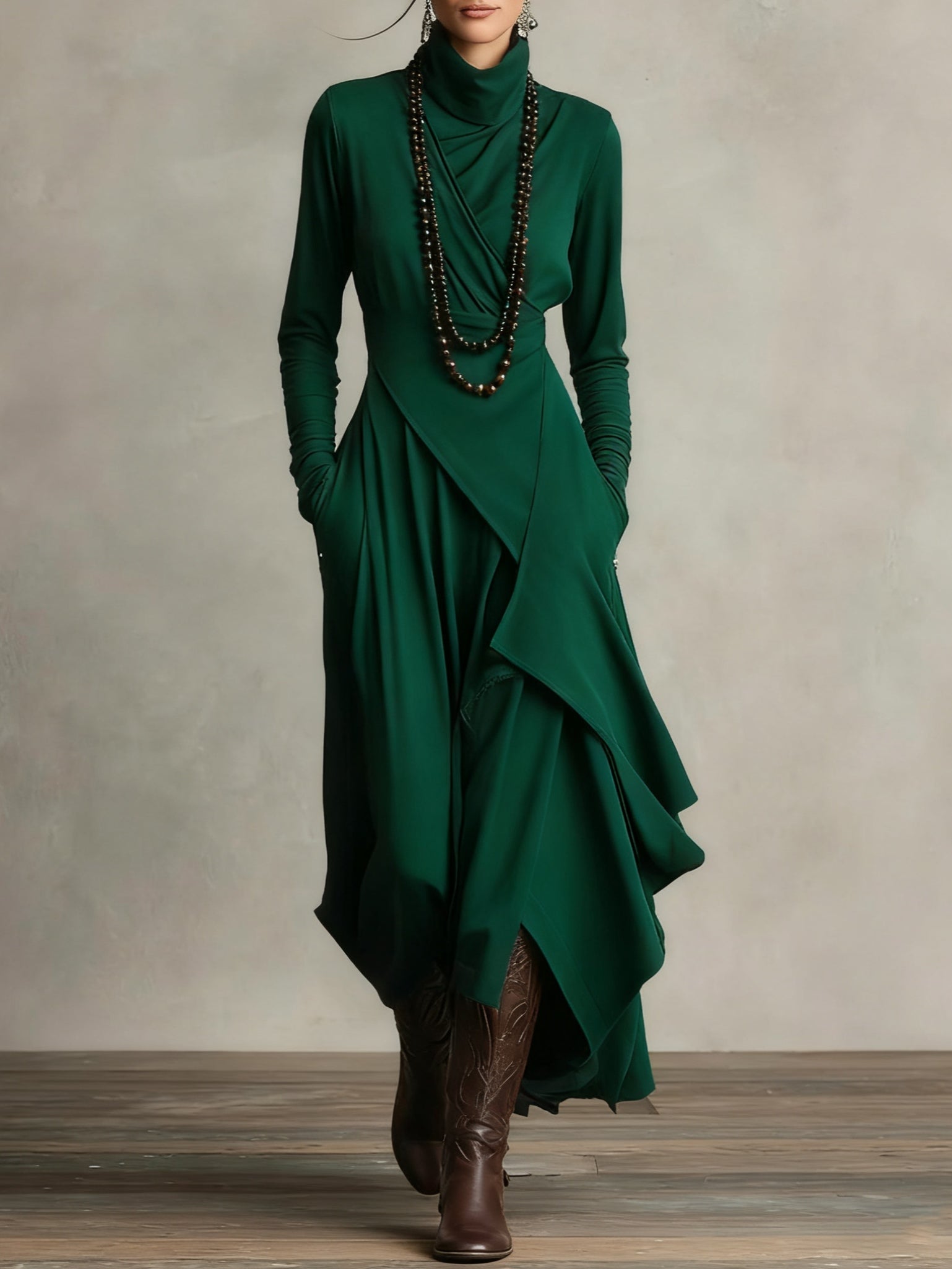 Purple Maxi Dress with High Neck and Asymmetrical Draping