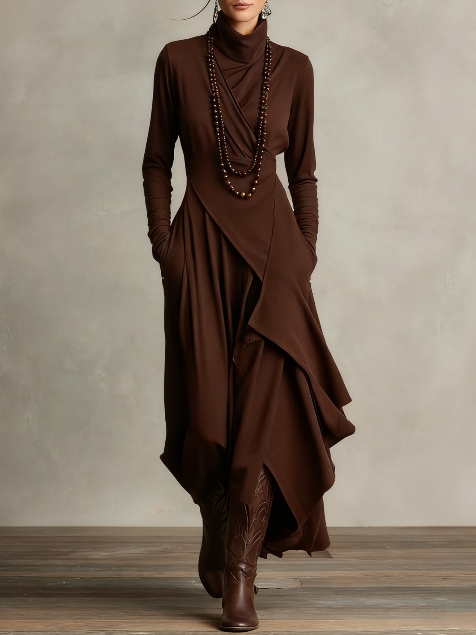 Purple Maxi Dress with High Neck and Asymmetrical Draping