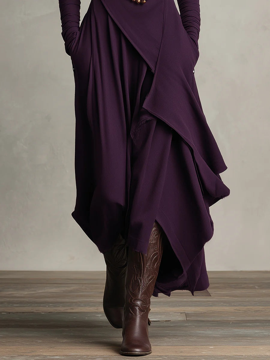 Purple Maxi Dress with High Neck and Asymmetrical Draping