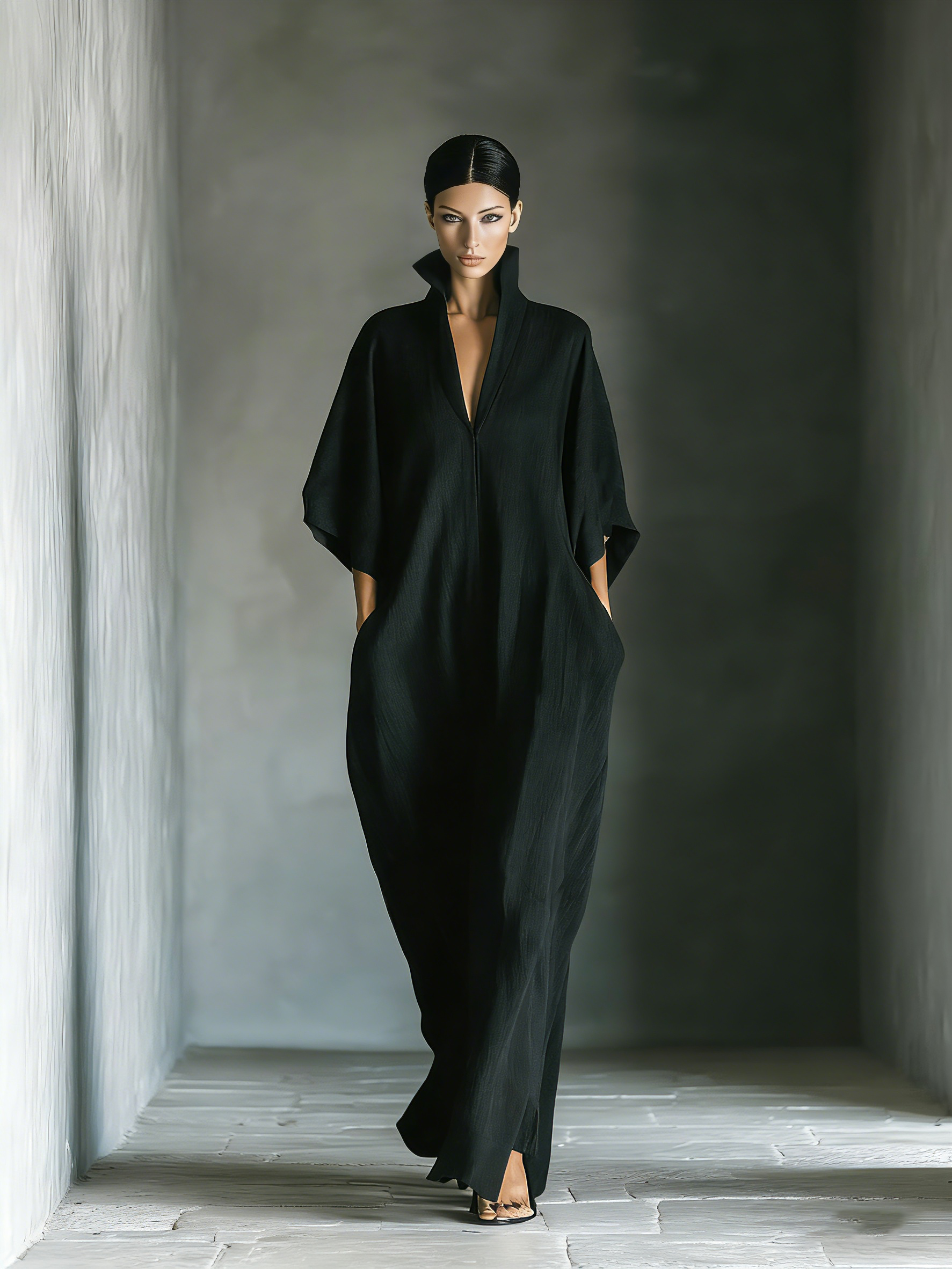 Costanza | Maxi black dress with kimono sleeves and V-neck