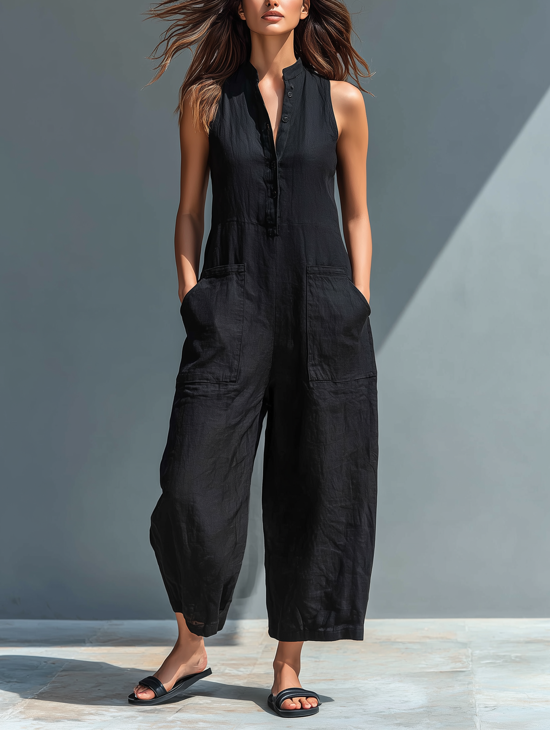 Sleeveless Linen Blend Overall with High Collar and Buttons for Women