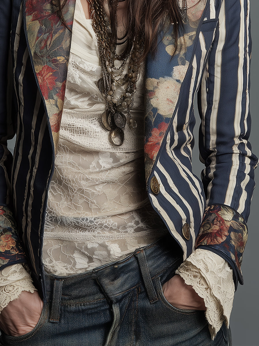 Bohème | Floral Striped Cotton-Linen Blazer
