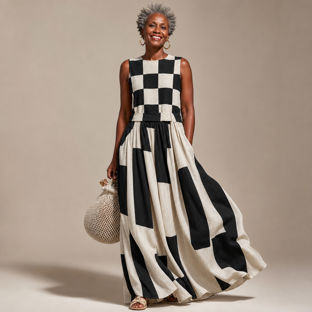 Ayana | Plaid and Stripe Panelled Sleeveless Maxi Dress