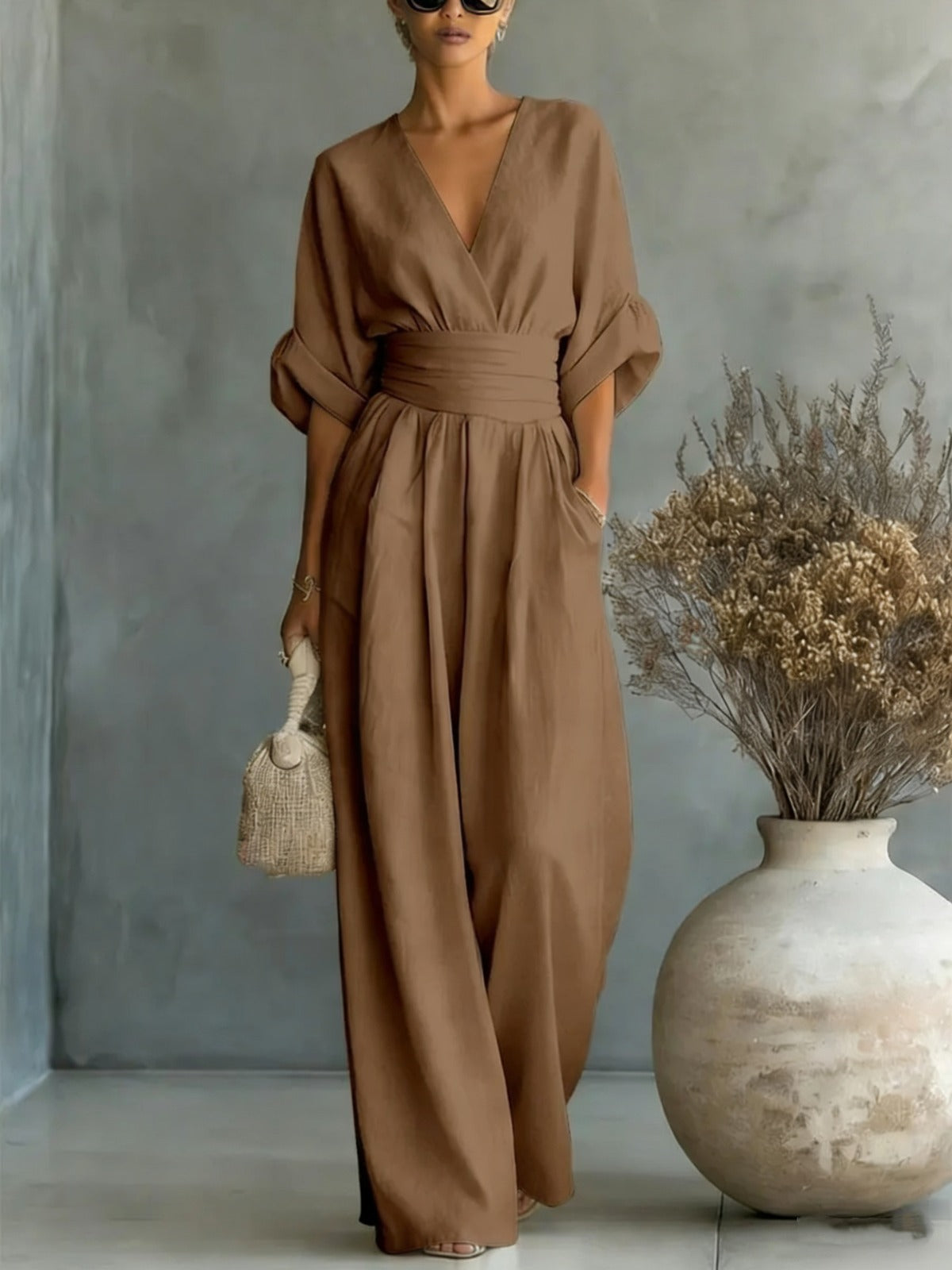 DEEP V-NECK LONG JUMPSUIT WITH 3/4 SLEEVES
