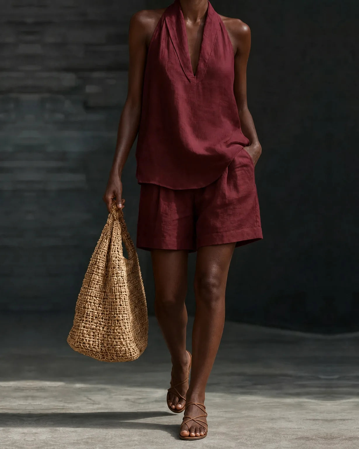 Makayla | Minimalist Old-money Style Halter-neck Linen Look Set