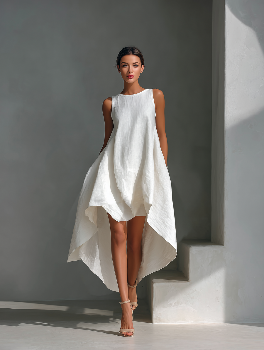 Effortless Linen Midi Dress for Women with Round Neck Asymmetric Hem Sleeveless Flowing Casual Summer Style