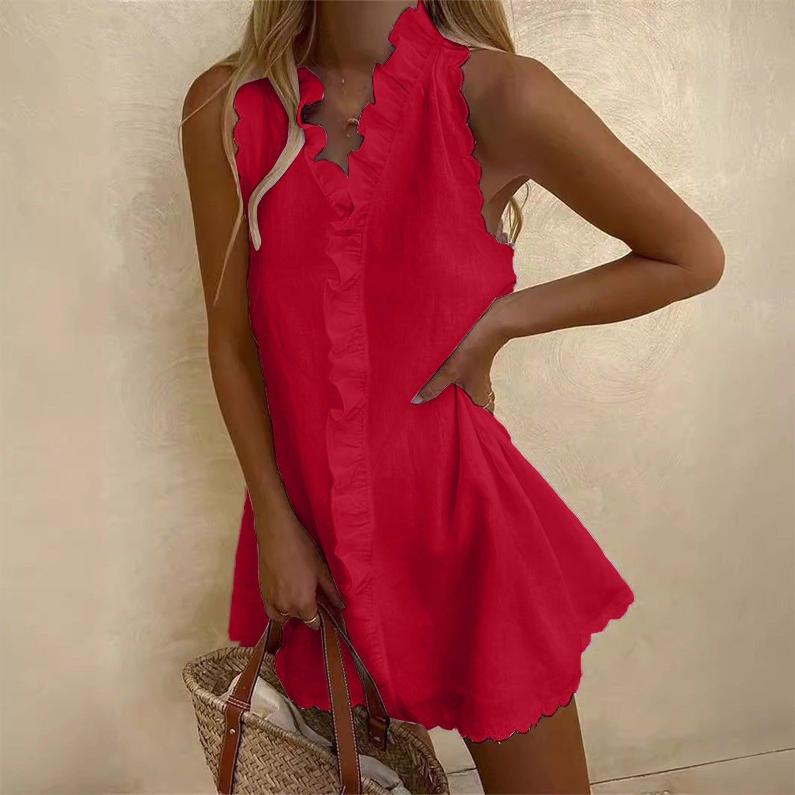 Riviera Scalloped Mini Dress - Ruffle V-Neck Summer Dress