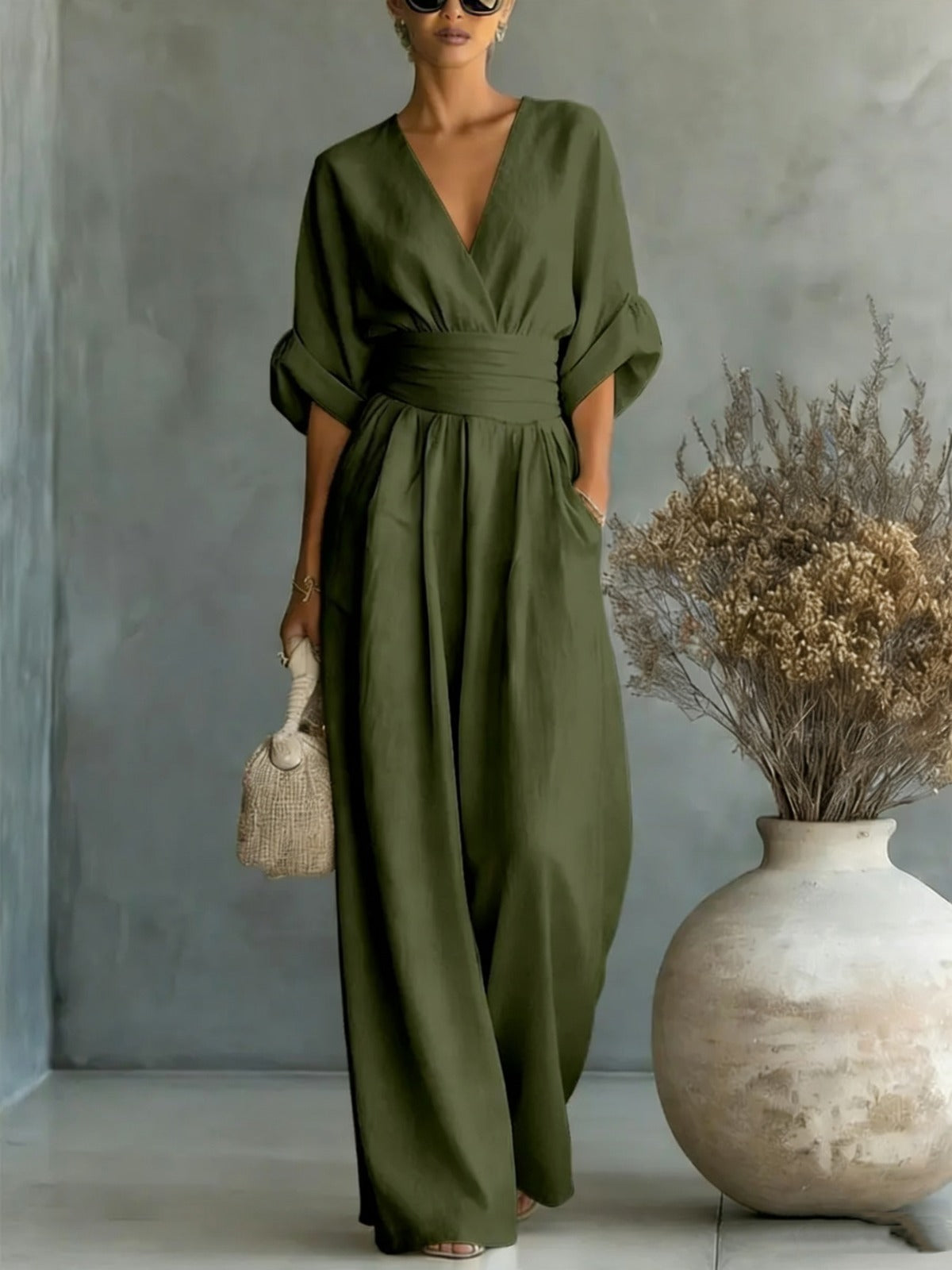 DEEP V-NECK LONG JUMPSUIT WITH 3/4 SLEEVES