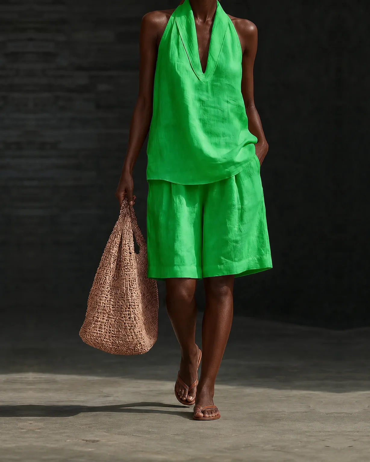 Makayla | Minimalist Old-money Style Halter-neck Linen Look Set