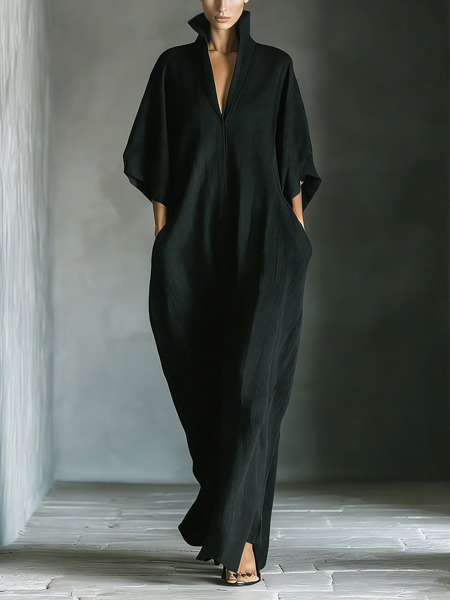 Costanza | Maxi black dress with kimono sleeves and V-neck